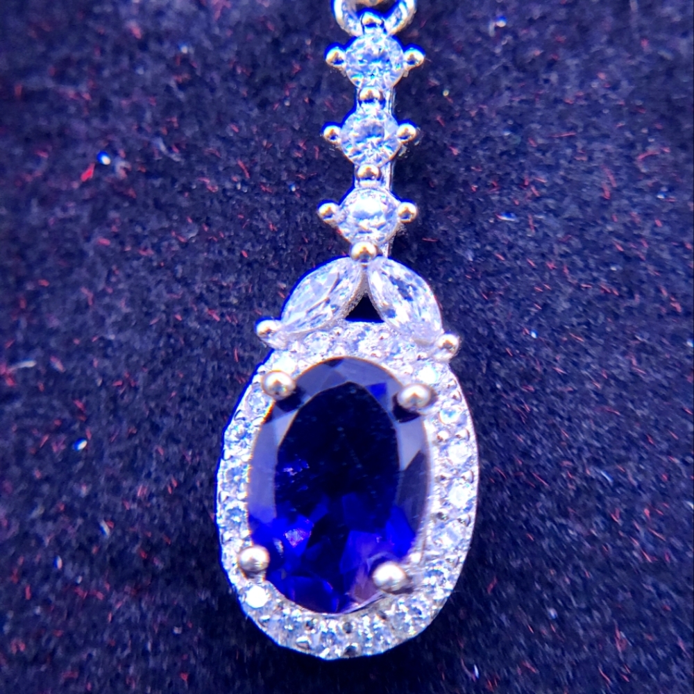 Solid Silver Dangling Blue Sapphire With White To… - image 1